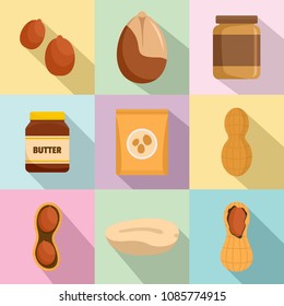 Peanut nuts butter jar icons set. Flat illustration of 9 peanut nuts butter jar vector icons for web