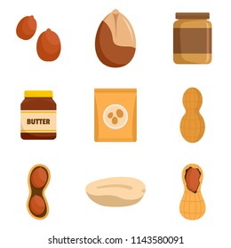 Peanut nuts butter jar icons set. Flat illustration of 9 peanut nuts butter jar vector icons isolated on white