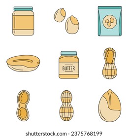 Peanut nuts butter jar icons set. Outline illustration of 9 peanut nuts butter jar vector icons thin line color flat on white