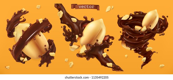 Peanut nuts and chocolate splashes. 3d realistic vector