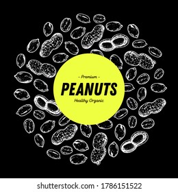 Peanut nuts hand drawn sketch. Peanuts label, logo. Nuts vector illustration. Organic healthy food. Great for packaging design. Engraved style. Black and white color.