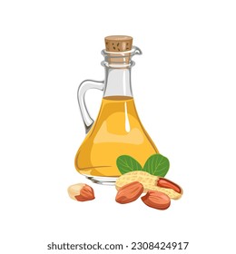 Peanut oil in glass bottle and heap of nuts isolated on white. Vector cartoon food illustration.