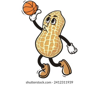 Peanut playing basketball slam dunk cartoon mascot illustration character vector clip art hand drawn