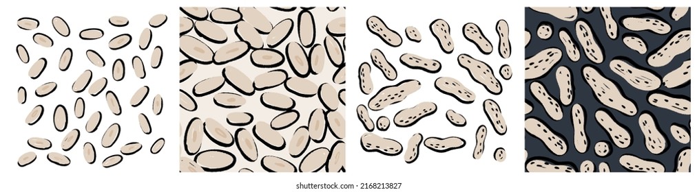 Peanut pod, shell and seeds clipart and background. Groundnut, goober, kabukim, seamless pattern for product packaging print. Hand drawn repeat vector design in abstract trendy style.