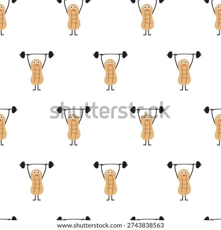 Peanut Powerlifting Heavy Barbell Seamless Pattern Design. Funny Fitness Food Mascot Illustration