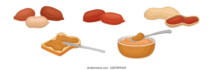 Peanut Product with Butter in Bowl and Spread on Bread Vector Set