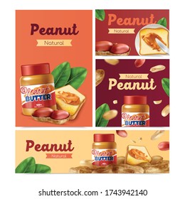 Peanut realistic banners set with whole nuts and  snacks with peanut butter vector illustration