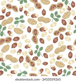 Peanut seamless pattern. Hand drawn Peanuts nuts and leaves. Vector illustration hand drawn.