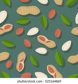 Peanut seamless pattern. Ripe peanut kernels with leaves in flat. Peanut on a dark green background. Several peanut kernels. Healthy vegetarian food. Vector illustration