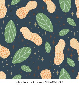 Peanut seamless pattern. Ripe peanut with leaves in flat. Peanut on a dark blue background with decoration elements. Healthy vegetarian food. Vector illustration