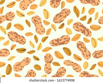 Peanut seamless pattern. Roasted peanuts in shell. Background design for printing on wrappers, packaging, fabrics and wallpapers. Vector illustration