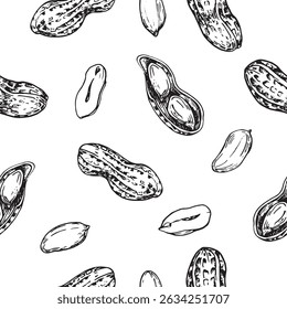 Peanut seamless vector pattern hand drawn with ink. Graphic ornament with whole and cut nuts in shell and peeled kernels. For label design