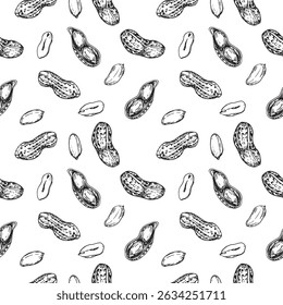 Peanut seamless vector pattern hand drawn with ink. Graphic ornament with whole and cut nuts in shell and peeled kernels. For label design