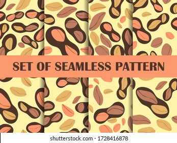 Peanut set of seamless pattern. Roasted peanuts in shell. Background design for printing on wrappers, packaging, fabrics and wallpapers. Vector illustration