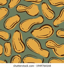 Peanut shell line art seamless vector pattern background. Mix of different monkey nuts in calligraphy brush style. Earthy ochre sage green food backdrop. Legume repeat for farming, market concept