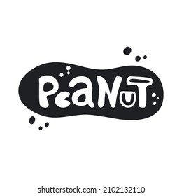 Peanut, silhouette sticker with lettering inside. Black vector illustration for packaging or logo design. Outline hand drawn element on white background