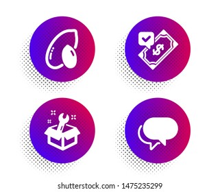 Peanut, Spanner and Accepted payment icons simple set. Halftone dots button. Talk bubble sign. Vegetarian nut, Repair service, Bank transfer. Chat message. Business set. Vector