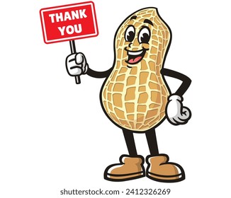 Peanut with thank you sign board cartoon mascot illustration character vector clip art hand drawn