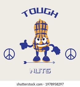 Peanut. T-shirt or sweatshirt print. Logo type for vegetarian, vegan. Walnut in a retro style with a positive slogan. Package design. Cartoon funny peanuts.