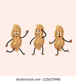 Peanut vector character with multiple trio face and body expression mascot. Food illustration with funny cartoon simple flat style isolated on plain background.