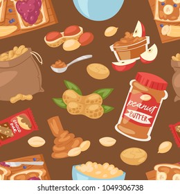 Peanut vector groundnut butter or peanut paste on toast bread illustration set of nutritious nut cream or nutshell isolated on seamless pattern background
