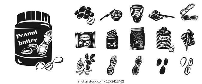 Peanut vector icon set. Simple set of peanut vector icons for web design on white background