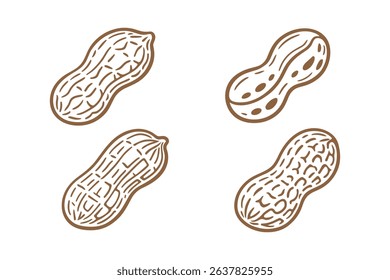 Peanut Vector Illustration Set Nutritious Snack Food Design Brown Line Art Style
