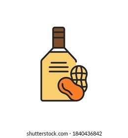 Peanut vegetable oil glass bottle with olivecolor line icon. Natural, healthy vegetarian food. Pictogram for web page, mobile app, promo. UI/UX/GUI design element. Editable stroke.