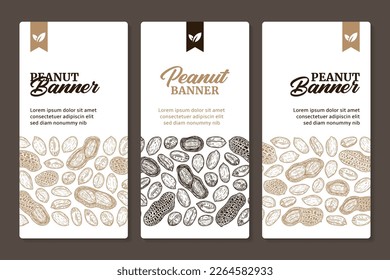 Peanut vertical banner design concept with hand-drawn peanut seeds and shells illustrations
