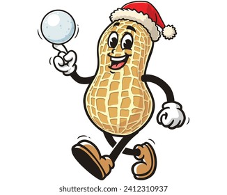 Peanut wear Christmas hats and play snowballs cartoon mascot illustration character vector clip art hand drawn