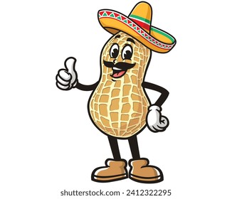 Peanut wearing a sombrero Mexican hat cartoon mascot illustration character vector clip art hand drawn