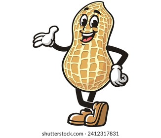 Peanut with welcoming hand cartoon mascot illustration character vector clip art hand drawn