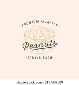 Peanuts Abstract Vector Sign, Symbol or Logo Template. Elegant Hand Drawn Nuts Sillhouette with Retro Typography. Vintage Luxury Emblem. Isolated.