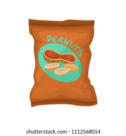 Peanuts in brown pack with label. Delicious and healthy snack. Flat vector element for promo poster or banner of supermarket