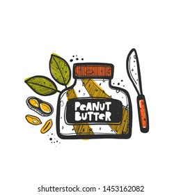 Peanuts butter. Hand drawn vector illustration. Can be used for cafe, menu, shop, bar, restaurant, bakery, poster, sticker, logo, detox diet concept, farmers market