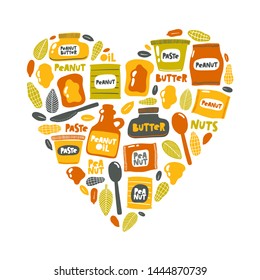 Peanuts card. Hand drawn vector illustration. Heart shape. Can be used for cafe, menu, shop, bar, restaurant, bakery, poster, sticker, logo, detox diet concept, farmers market