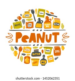 Peanuts card. Hand drawn vector illustration. Can be used for cafe, menu, shop, bar, restaurant, bakery, poster, sticker, logo, detox diet concept, farmers market