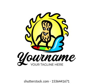 Peanuts floating on a surfboard in the ocean with a wave, against the backdrop of the rising sun, logo design. Cartoon character, food, holiday and travel, vector design and illustration