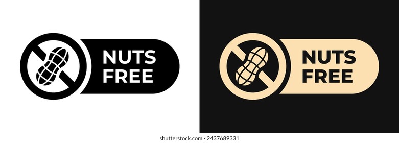 Peanuts free icon. No nuts label. Allergen free illustration, logo, symbol, sign, stamp, tag, emblem, mark or seal for product packaging isolated.