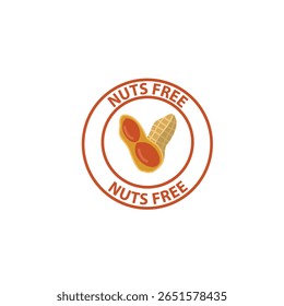 Peanuts free label vector icon illustration for product package. No added nuts brown logo, symbol, badge, tag or emblem isolated in circle design. No peanuts product stamp, seal, sticker, mark or tag 
