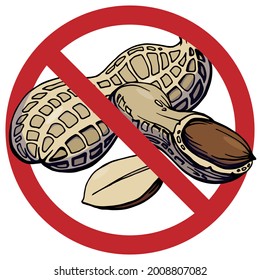 Peanuts free product. Hand drawn color illustration of a 
peanut in shell and peeled nuts. Logo. Allergic reaction to peanuts (to nuts). Handwritten graphic technique