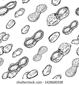 Peanuts hand drawn seamless pattern. Vintage ink peanut pattern. Stylish monochrome black and white nuts vector illustration. Endless texture, background