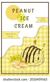 peanuts ice cream label design. one scoop of sundae with groundnut, dripping cream, colorful splashes on chequered background. gelato flavor concept. vector art great for flyer, banner or packaging.