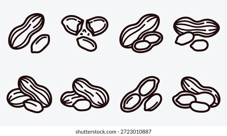 Ilustraciones de cacahuetes en varias poses y Formas en color marrón dibujadas a mano