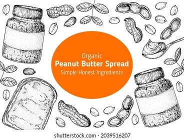 Peanuts and ingredient for peanut butter sketch. Hand drawn vector illustration. Design template. Vegan food