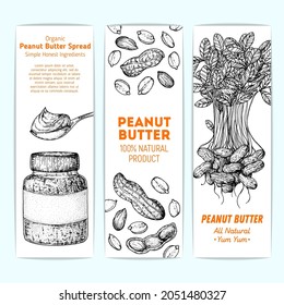 Peanuts and ingredient for peanut butter sketch. Breakfast for energy banner set. Hand drawn vector illustration. Design template. Vegan food. Peanut nut butter set.