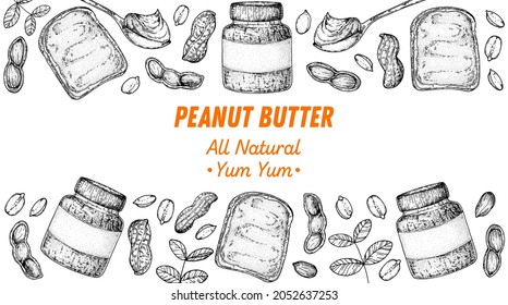 Peanuts And Ingredient For Peanut Butter Sketch. Breakfast For Energy. Hand Drawn Vector Illustration. Design Template. Vegan Food. Peanut Nut Butter Set.