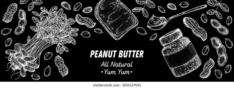 Peanuts and ingredient for peanut butter sketch. Breakfast for energy. Hand drawn vector illustration. Design template. Vegan food. Peanut nut butter set.