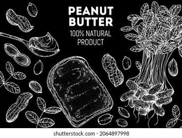 Peanuts and ingredient for peanut butter sketch. Hand drawn vector illustration. Design template. Vegan food. Peanut nut set.