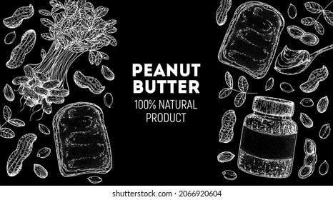 Peanuts and ingredient for peanut butter sketch. Breakfast for energy. Hand drawn vector illustration. Design template. Vegan food. Peanut nut butter set.